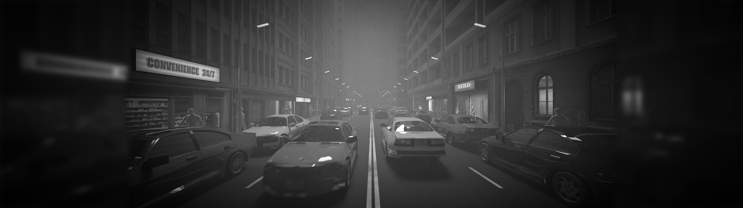 A black and white render of a dark city street